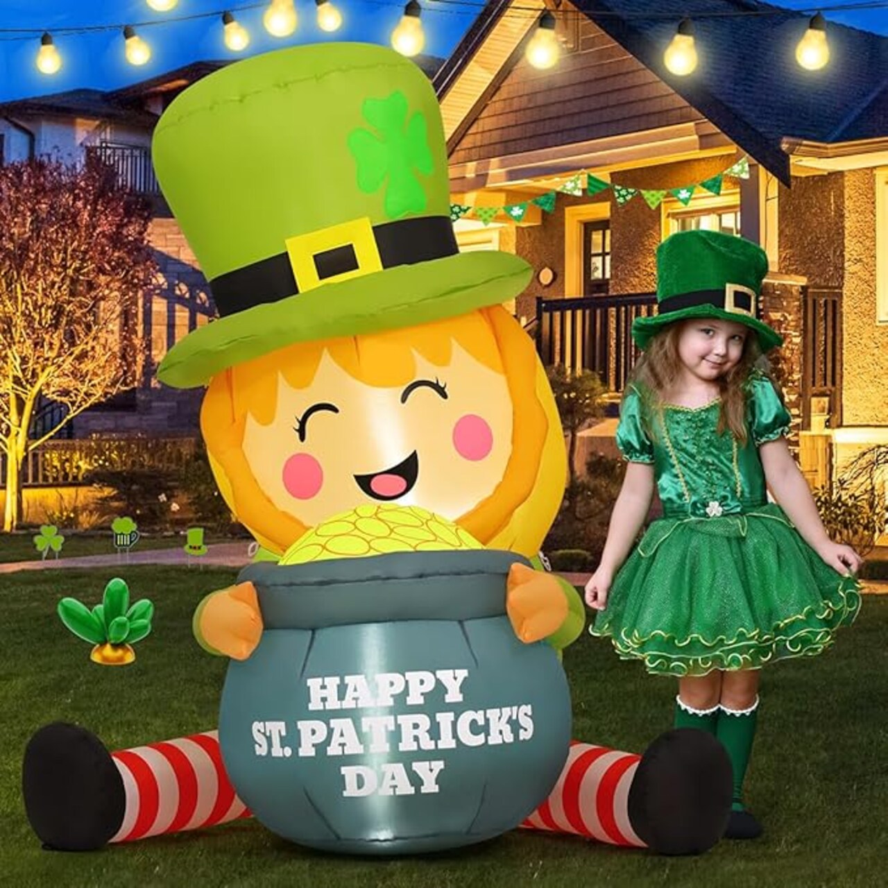GOOSH 5 FT St Patricks Day Inflatables Giant Leprechaun with Gold Coin Pot with Built-in LEDs
